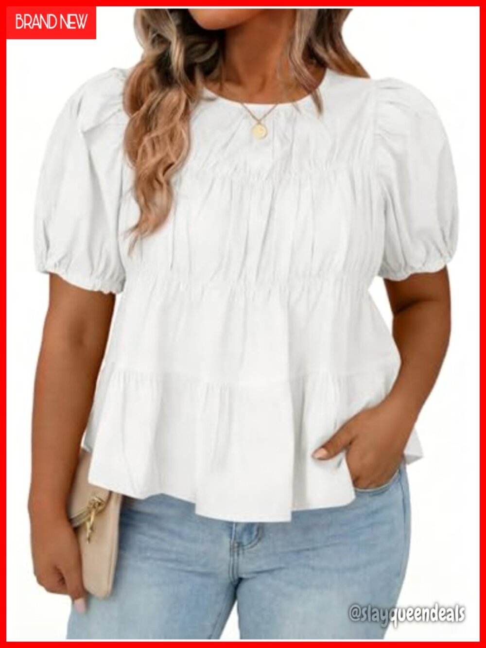 Plus Size Peplum Babydoll Top Puff Short Sleeve Flowy Pleated Cotton Blouse